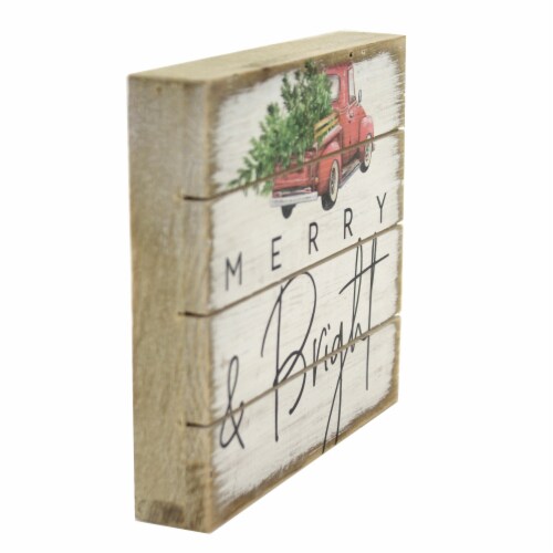 Christmas Merry & Bright Block Sign Wood Red Truck Tree Farmhouse Chic Pet1969 Perspective: top