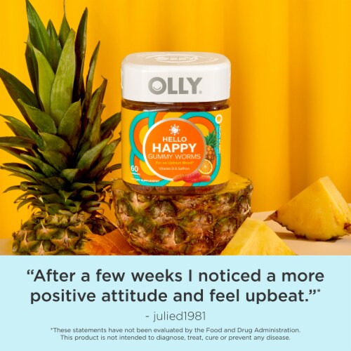OLLY Hello Happy Tropical Flavor Gummy Supplement Vitamin D 2000IU and Saffron Perspective: top