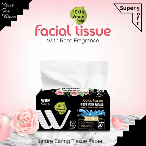 WBM Care Facial Tissue, Ultra Soft & Fragrant, Rose, 2-Ply | 200 Sheets/Box, Pack of 18 Perspective: top