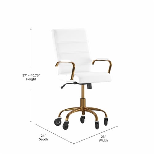 Camilia Mid-Back White LeatherSoft Executive Swivel Office Chair with Gold Frame, Arms, an Perspective: top