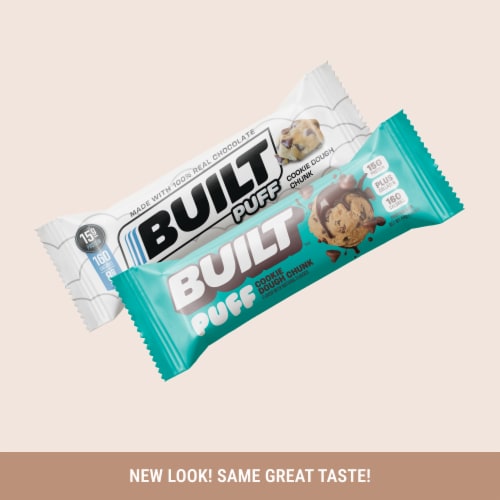 BUILT Puffs Protein Bar, Cookie Dough Chunk, 15g Protein, Collagen, 160 Calories, Single 1.55 oz Bar Perspective: top