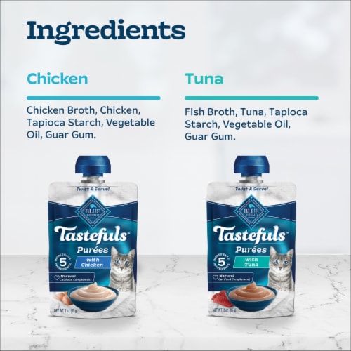 Blue Buffalo Tastefuls Purees Natural Wet Cat Food Complement Pouches Chicken & Tuna Perspective: top