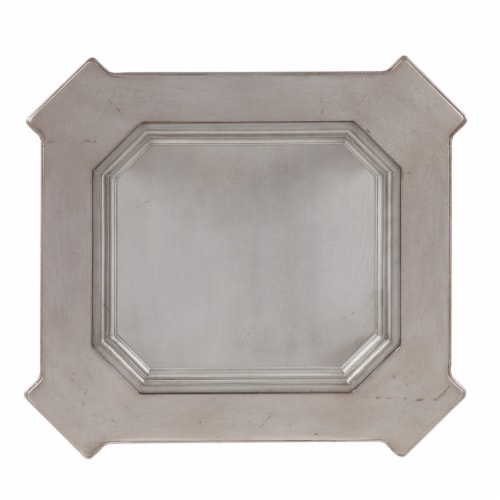 Antique Wooden End Table with Polyresin Engravings and Glass Top, Silver and Clear- Saltoro Perspective: top