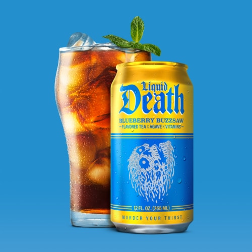 Liquid Death, Blueberry Buzzsaw Iced Tea, Blueberry Flavored Black Tea Perspective: top