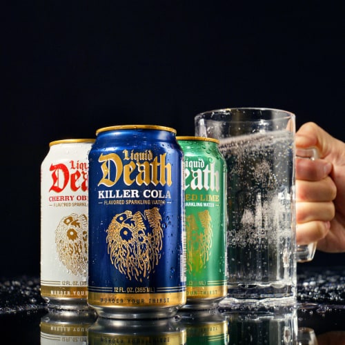 Liquid Death, Mango Chainsaw, Mango-Flavored Sparkling Water Perspective: top