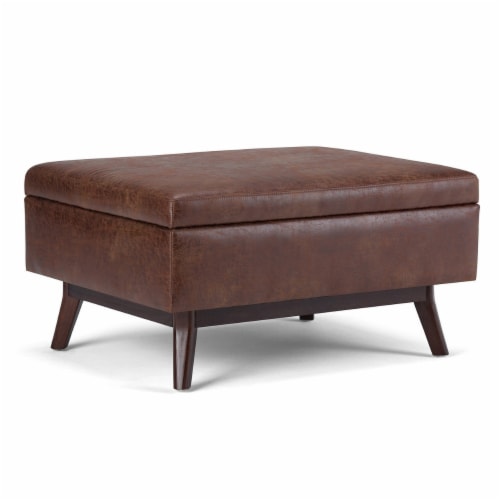 Simpli Home Owen Faux Leather Storage Coffee Table Ottoman in Gray
