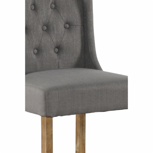 Wooden Barstool with Padded Seat, Button Tufted, Wing Back, Set of 2, Gray and Brown- Saltoro Perspective: top