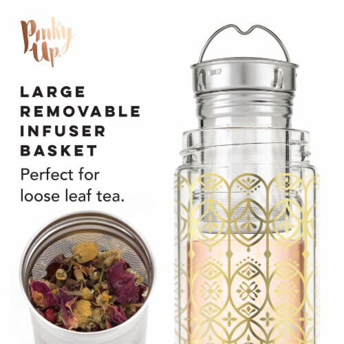 Pinky Up 16 oz Blair Arabesque Gold Glass Travel Infuser Mug, Multicolor Perspective: top