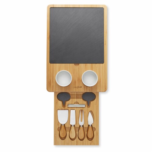 Bamboo Cheese Board Gift Set with Slate Tray, 4 Knives, 2 Dip Bowls Perspective: top