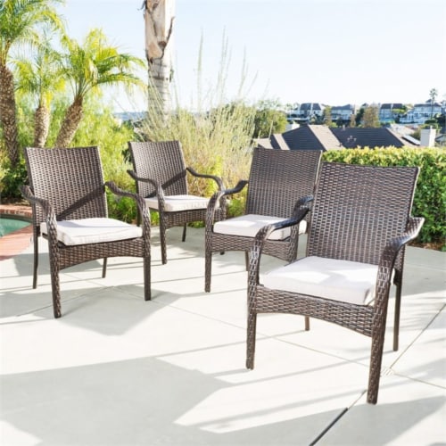 Noble House San Pico Wicker Stacking Patio Dining Arm Chair in Brown (Set of 4) Perspective: top