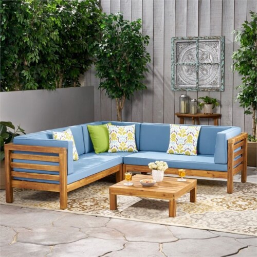 Noble House Oana 4 Piece Outdoor Acacia Wood Sectional Sofa Set in