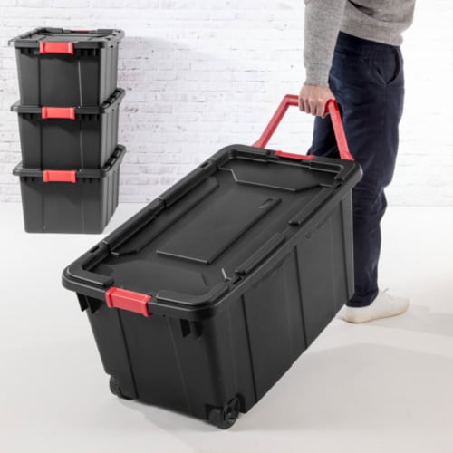 Sterilite 15 Gallon Durable Rugged Industrial Tote with Red Latches, 18 Pack Perspective: top
