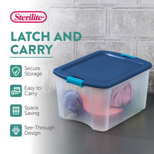 Sterilite 18 Gal Latch and Carry, Stackable Storage Bin with Latching Lid,  Plastic Tote Container to Organize Closets, Blue with Blue Lid, 6-Pack