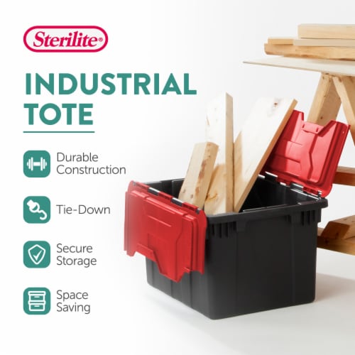 Sterilite 12 Gallon/45 Liter Hinged Lid Industrial Tote, Red Lid (12 Pack) Perspective: top