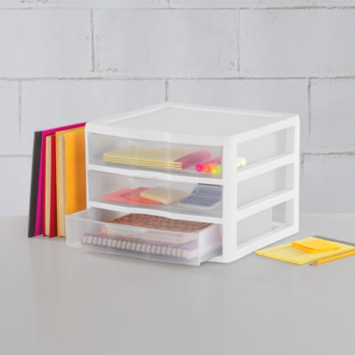 Sterilite Clear Plastic Stackable Small 3 Drawer Storage System, White, (6 Pack) Perspective: top