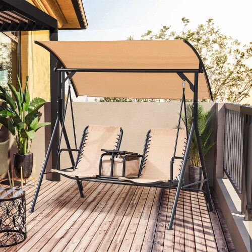 2 Person Outdoor Swing Chair for Porch Patio Storage Tray Cup