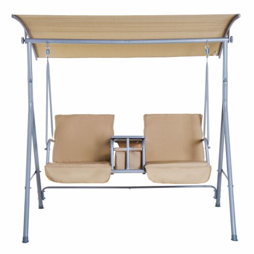 Outdoor Swing Chair Canopy Patio Garden Hanging 2 Person Yard Furniture Beige Perspective: top