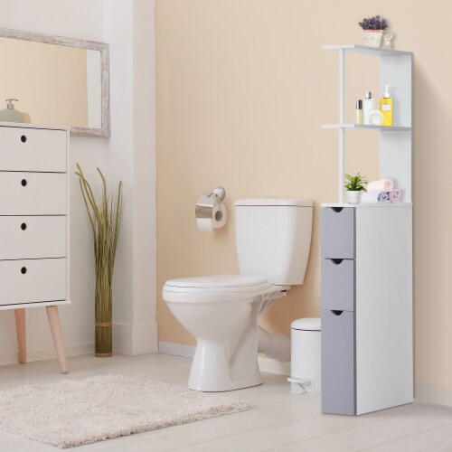 54  Tall Bathroom Linen 2-Tier Cabinet Shelf Storage Cupboard w/ Drawers, White Perspective: top