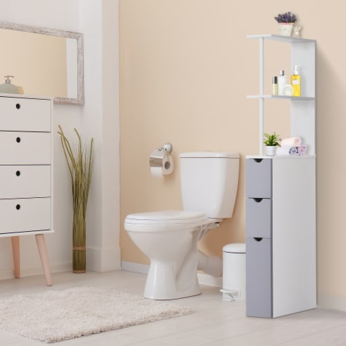 54  Tall Bathroom Linen 2-Tier Cabinet Shelf Storage Cupboard w/ Drawers, White Perspective: top