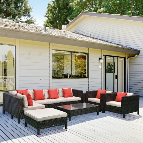 Outside Sitting & Conversation Sofa Set w/ Thick Sofa Cushions & Tea Table, Sand Perspective: top