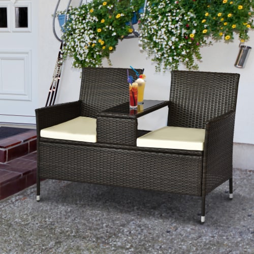 Outdoor Patio 2 Seat Rattan Wicker Chair Bench with Tea Table
