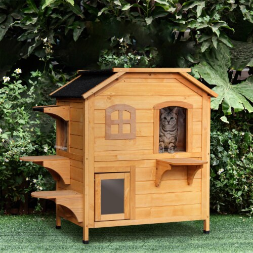 2 Story Wooden Cat Condo w Balcony Doors for Indoor Outdoor Use
