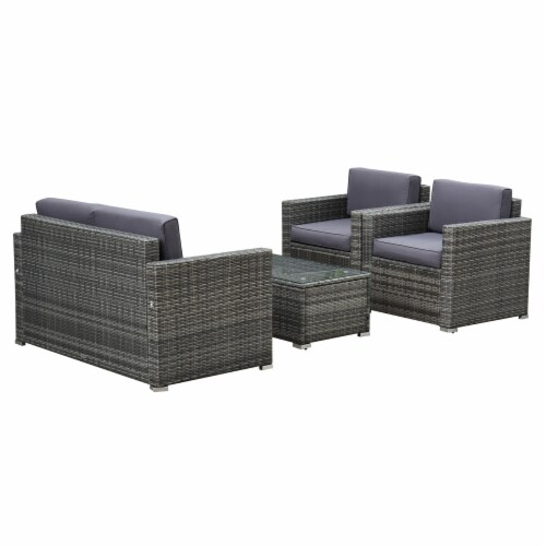 Outside Rattan Wicker Chair Loveseat Set for Patio w/ Glass Coffee Table, Grey Perspective: top
