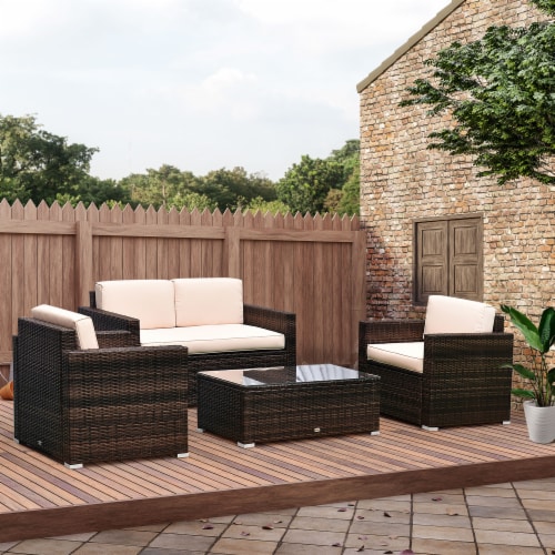 Outside Rattan Wicker Chair Loveseat Set for Patio w/ Glass Coffee Table, Brown Perspective: top