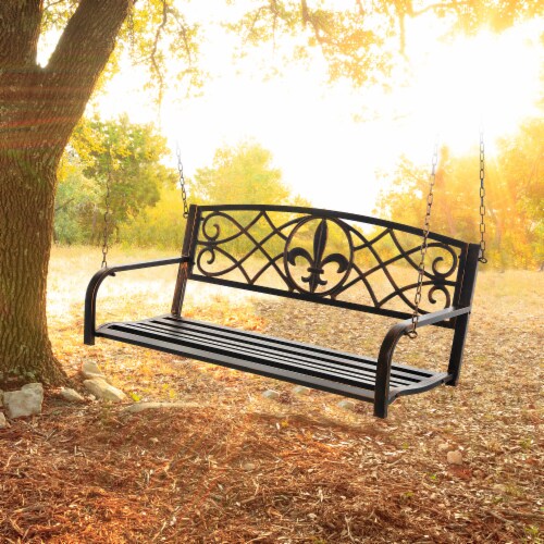 Metal Porch Swing Chair Hanging Bench Chair Fleur-De-Lis Design Yard Deck Perspective: top