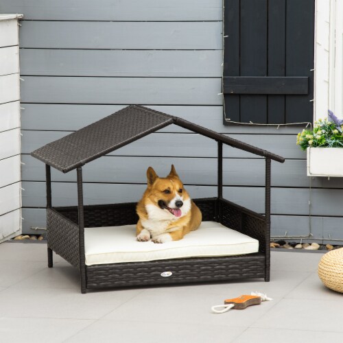 Elevated Wicker Dog House Raised Rattan Pet Bed Cabana w Cushion
