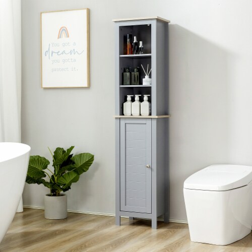 66  Grey Storage Organizer, Thin Bathroom Cabinet, Space Saver w/ 2 Tier Shelves Perspective: top