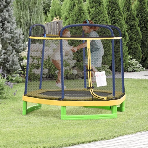 7' Spring Trampoline for Kids w/ Enclosure Net Indoor Play Bouncer Toy, Yellow Perspective: top