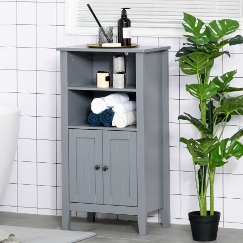 Freestanding Bathroom Linen Floor Cupboard with Multi-Tier Shelving and Tabletop Perspective: top