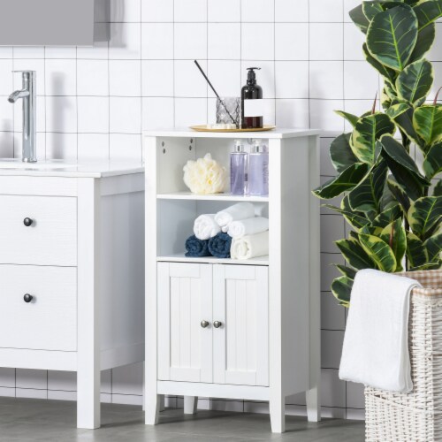 Freestanding Bathroom Linen Floor Cupboard with Multi-Tier Shelving and Tabletop Perspective: top