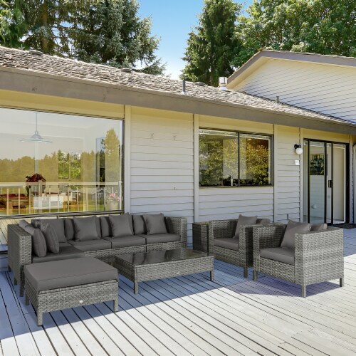 Outside Sitting & Conversation Sofa Set w/ Thick Sofa Cushions & Tea Table, Grey Perspective: top