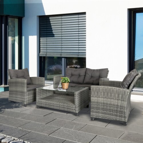 4-pc Outside Deck & Balcony Wicker Furniture Set w/ Seating & Coffee Table Grey Perspective: top