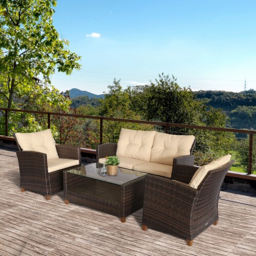 4-pc Outside Deck & Balcony Wicker Furniture Set w/ Seating & Coffee Table Beige Perspective: top