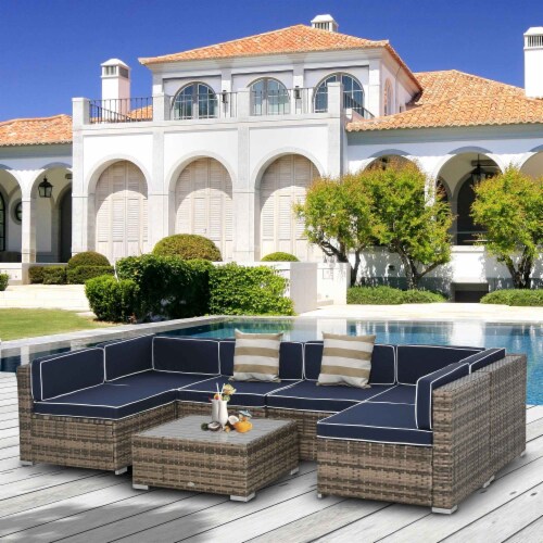 7 Piece Set Rattan Sofa Luxury Modular Conversation Outdoor Furniture Perspective: top