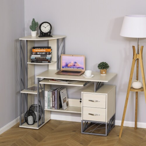 Wood Desktop Corner Working Desk with 4-Tier Shelving and Pullout Keyboard Tray Perspective: top