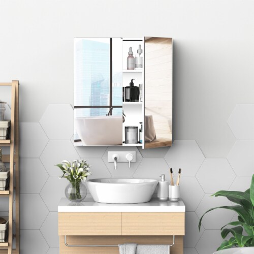 Wall-Mount Mirror Vanity Bathroom Stainless Steel w/Door Shelves, Silver 24 x26 Perspective: top