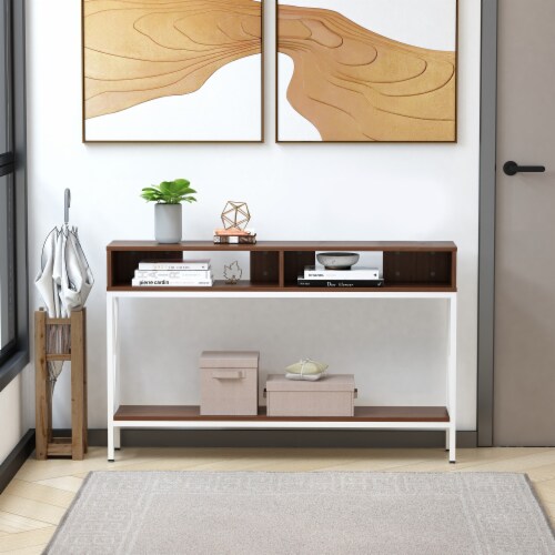 Media Console Table/Industry Desk with 4 Open Shelves and X Bar Metal Frame Perspective: top