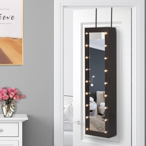Mirrored Jewelry Cabinet Armoire Storage Organizer w/ 18 LED Lights Walnut Perspective: top