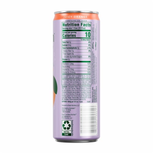Bloom Juicy Orange + Prebiotics Sparkling Energy Drink Can Perspective: top