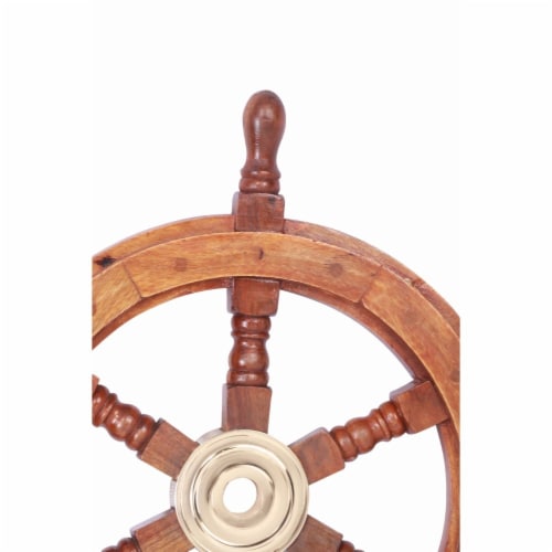 Teak Wood Ship Wheel With Brass Inset and Six Spokes - Brown and Gold Perspective: top