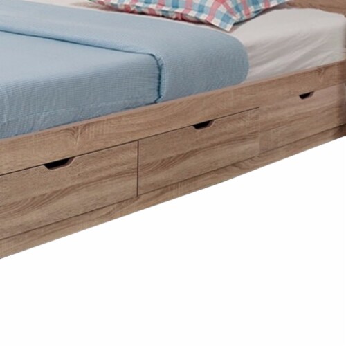 Wooden Full Size Bed Frame with 3 Drawers and Grain Details, Taupe Brown Perspective: top