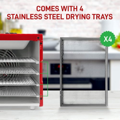 NutriChef Premium Food 350 Watts Multi Tier Dehydrator Machine with 4 Trays, Red Perspective: top