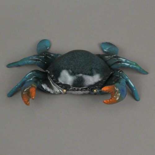Hand Painted Metal Blue Crab Trinket Box With Hinged Lid 9.5 Inches Long Perspective: top