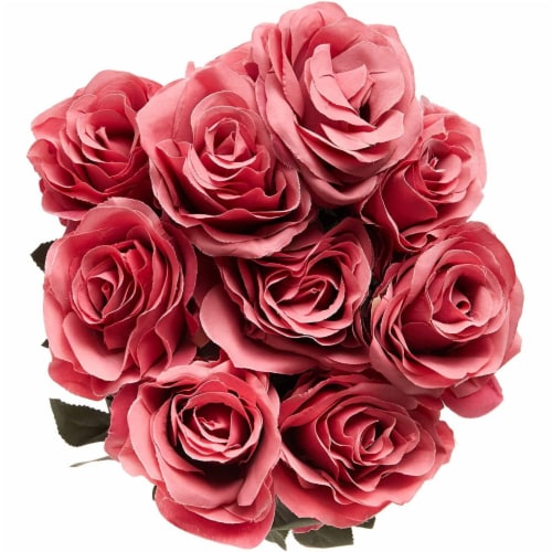 Artificial Flowers Silk Rose Bouquet with Stems for Decor - Dark Pink Perspective: top