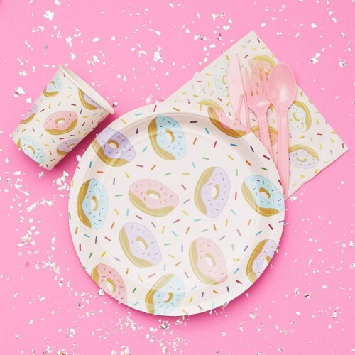 Donut Party Supplies, Paper Plates, Napkins, Cups and Plastic Cutlery (Serves 24, 144 Pieces) Perspective: top