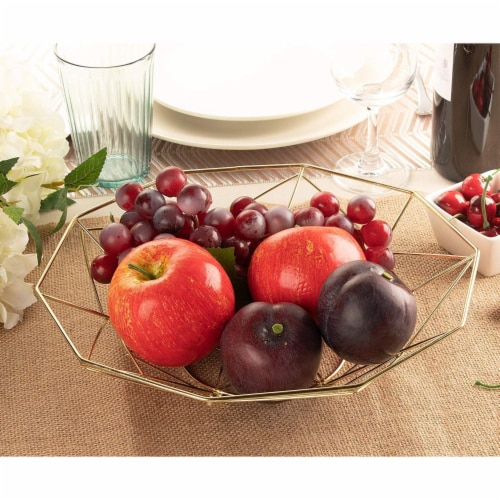 2 Pcs Wire Fruit Basket, Modern Metallic Gold Fruit Bowl with Geometric Design Perspective: top